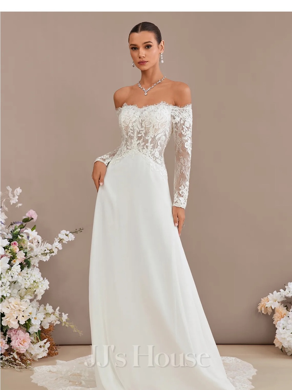 JJs House Off-Shoulder White Lace Long-Sleeve Bridal Gown